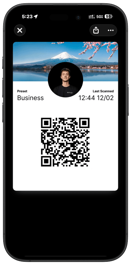 Bridge mobile app — Apple Wallet card with QR code for instant contact sharing